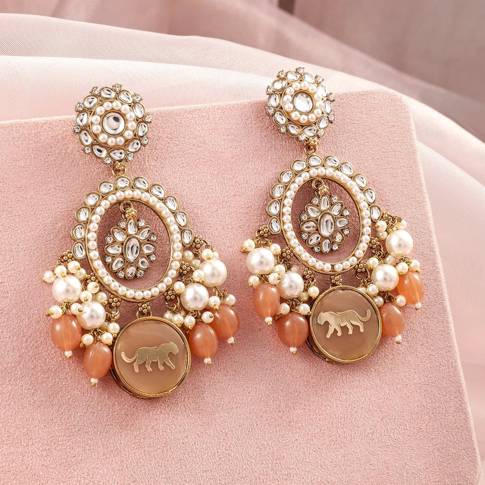 Rubans 18K Mehndi Gold-Plated Kundan, White & Peach Pearl and  Beads Chandelier Earrings Chandelier Earrings