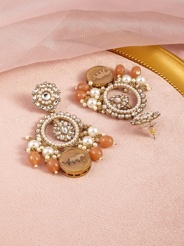 Rubans 18K Mehndi Gold-Plated Kundan, White & Peach Pearl and  Beads Chandelier Earrings Earrings
