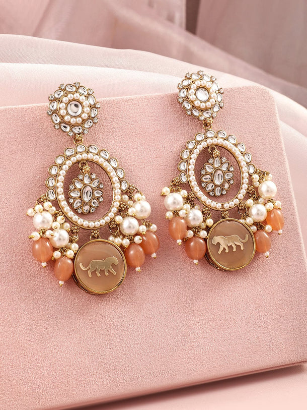 Rubans 18K Mehndi Gold-Plated Kundan, White & Peach Pearl and  Beads Chandelier Earrings Earrings