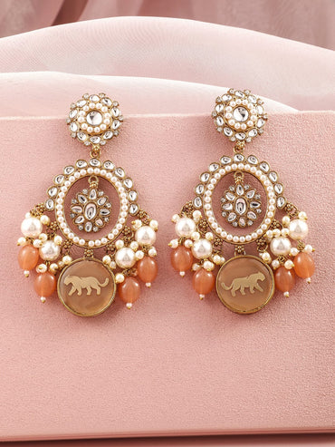 Rubans 18K Mehndi Gold-Plated Kundan, White & Peach Pearl and  Beads Chandelier Earrings Earrings