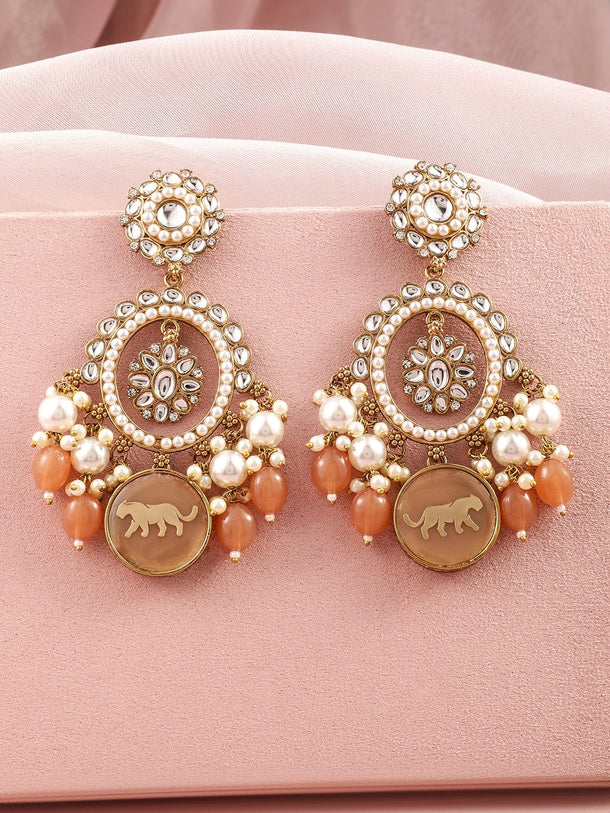Rubans 18K Mehndi Gold-Plated Kundan, White & Peach Pearl and  Beads Chandelier Earrings Earrings