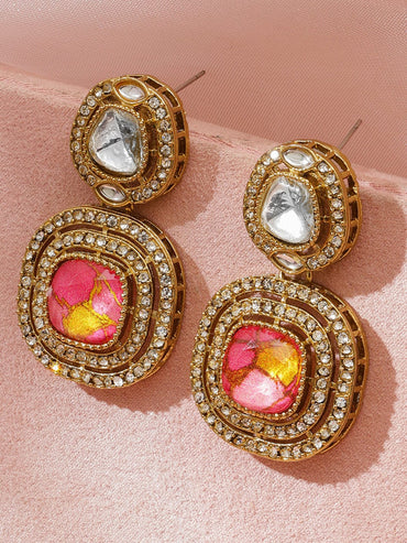Rubans 18K Mehndi Gold-Plated Pink & Golden Dyed Quartz & Cubic Zirconia Drop Earrings Earrings