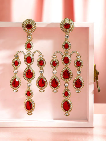 Rubans 18K Mehndi Gold-Plated Ruby Red & White Cubic Zirconia Long Chandelier Earrings Earrings