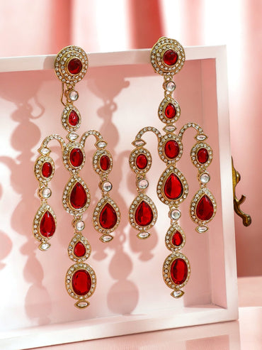 Rubans 18K Mehndi Gold-Plated Ruby Red & White Cubic Zirconia Long Chandelier Earrings Earrings