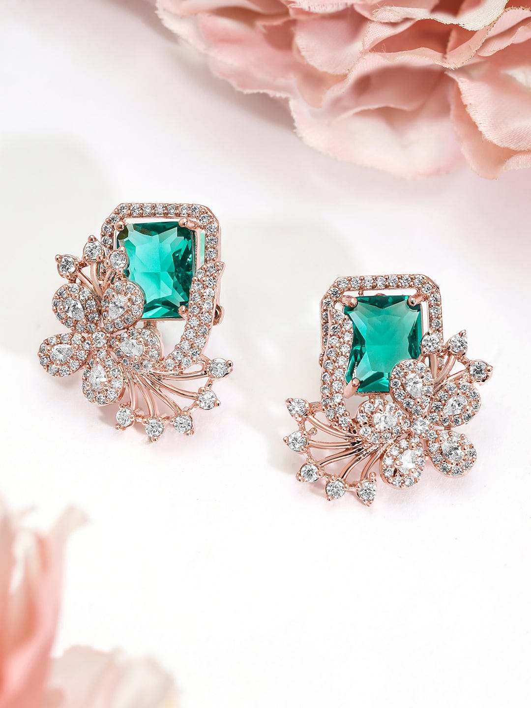 Rubans 18K Rose Gold-Plated Crystal Green & Cubic Zirconia Studded Floral Statement Stud Earrings Stud Earrings