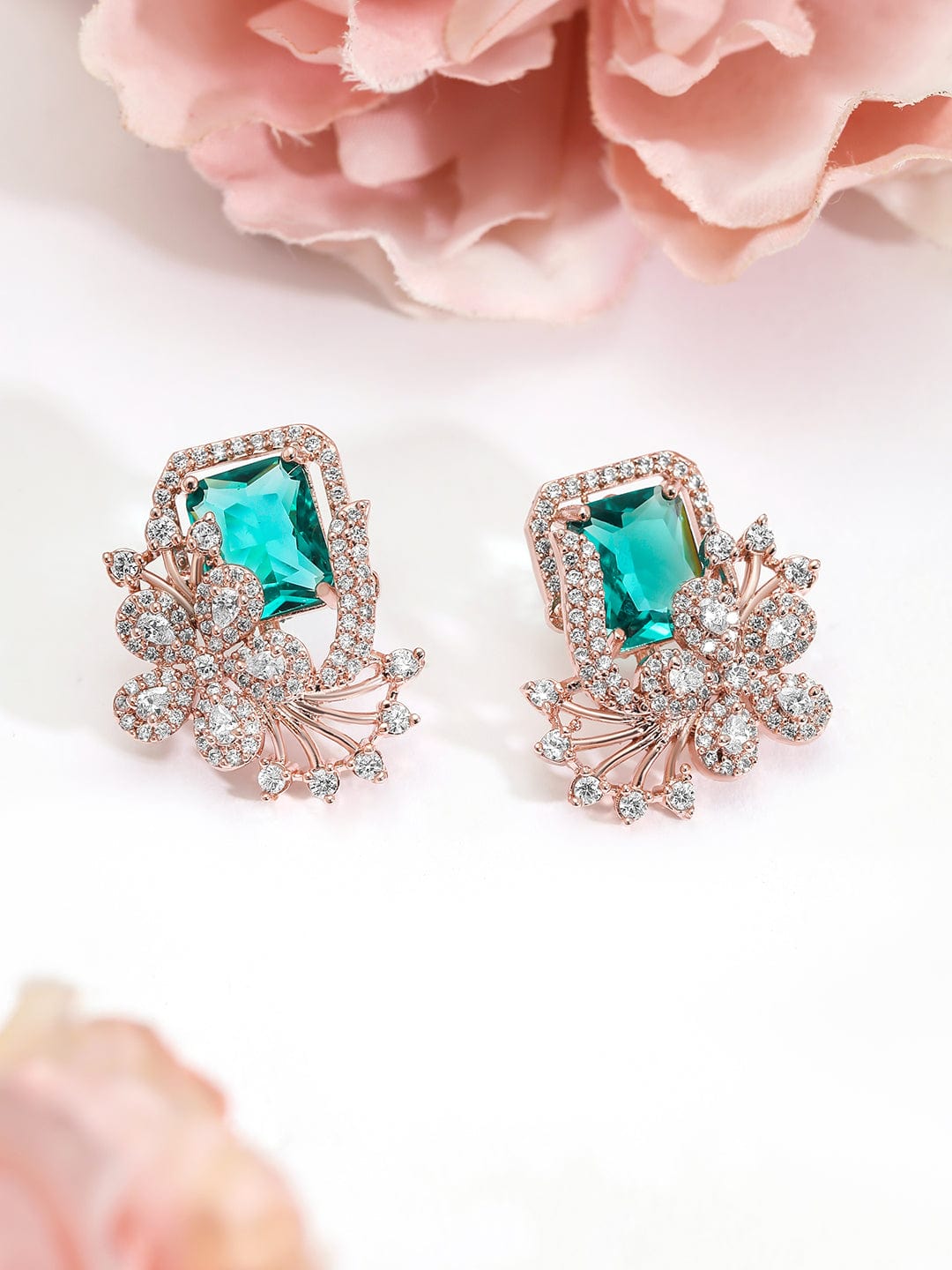 Rubans 18K Rose Gold-Plated Crystal Green & Cubic Zirconia Studded Floral Statement Stud Earrings Stud Earrings