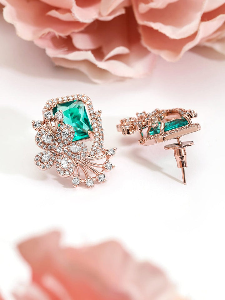 Rubans 18K Rose Gold-Plated Crystal Green & Cubic Zirconia Studded Floral Statement Stud Earrings Stud Earrings