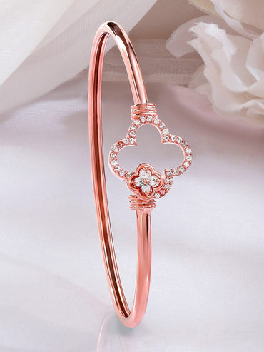 Rubans 18K Rose Gold-Plated Crystal Zirconia Studded Clover Motif Sleek Bracelet Bangles & Bracelets