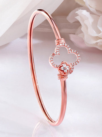 Rubans 18K Rose Gold-Plated Crystal Zirconia Studded Clover Motif Sleek Bracelet Wristwear