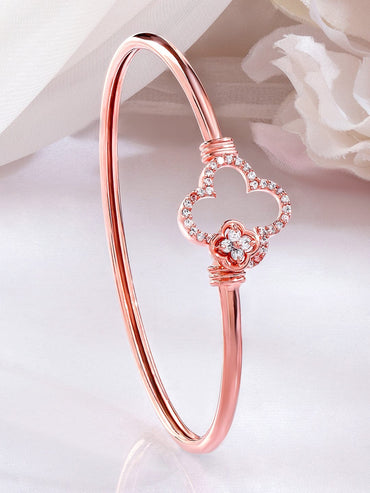 Rubans 18K Rose Gold-Plated Crystal Zirconia Studded Clover Motif Sleek Bracelet Wristwear