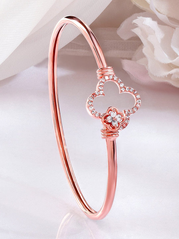 Rubans 18K Rose Gold-Plated Crystal Zirconia Studded Clover Motif Sleek Bracelet Wristwear