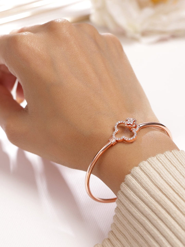 Rubans 18K Rose Gold-Plated Crystal Zirconia Studded Clover Motif Sleek Bracelet Wristwear