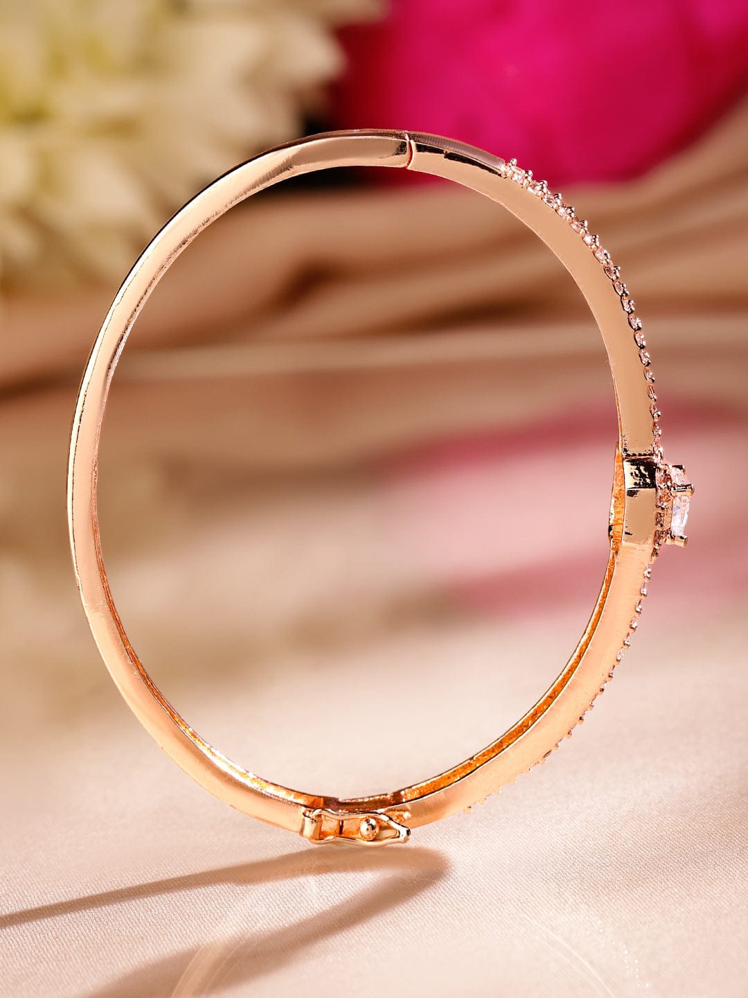 Rubans 18K Rose Gold-Plated Cubic Zirconia Dual Band Openable Bracelet â€“ Statement Jewelry Wristwear