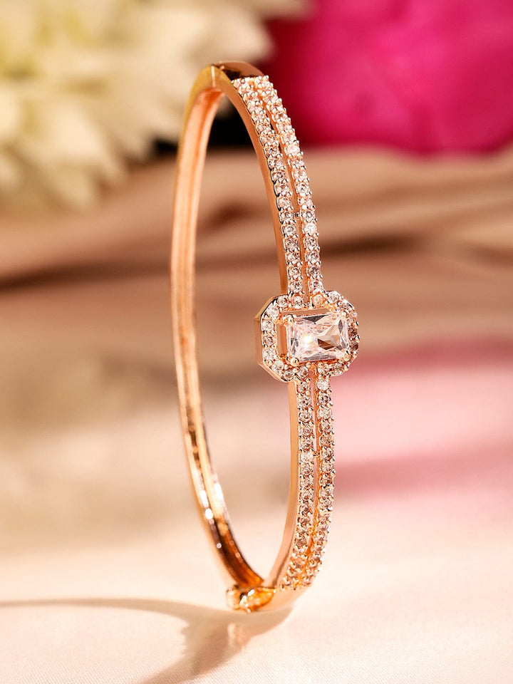 Rubans 18K Rose Gold-Plated Cubic Zirconia Dual Band Openable Bracelet â€“ Statement Jewelry Wristwear