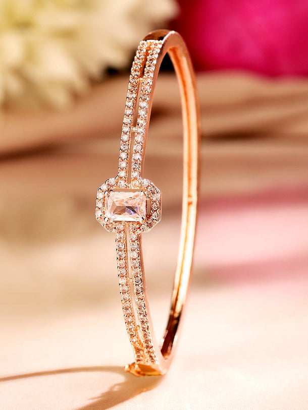Rubans 18K Rose Gold-Plated Cubic Zirconia Dual Band Openable Bracelet â€“ Statement Jewelry Wristwear
