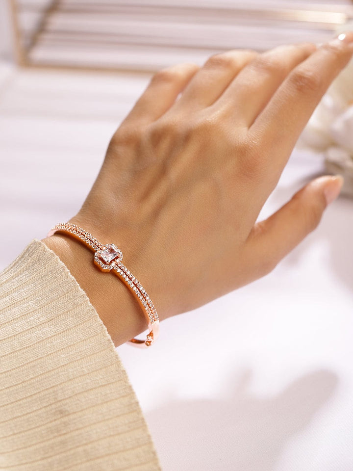 Rubans 18K Rose Gold-Plated Cubic Zirconia Dual Band Openable Bracelet â€“ Statement Jewelry Wristwear