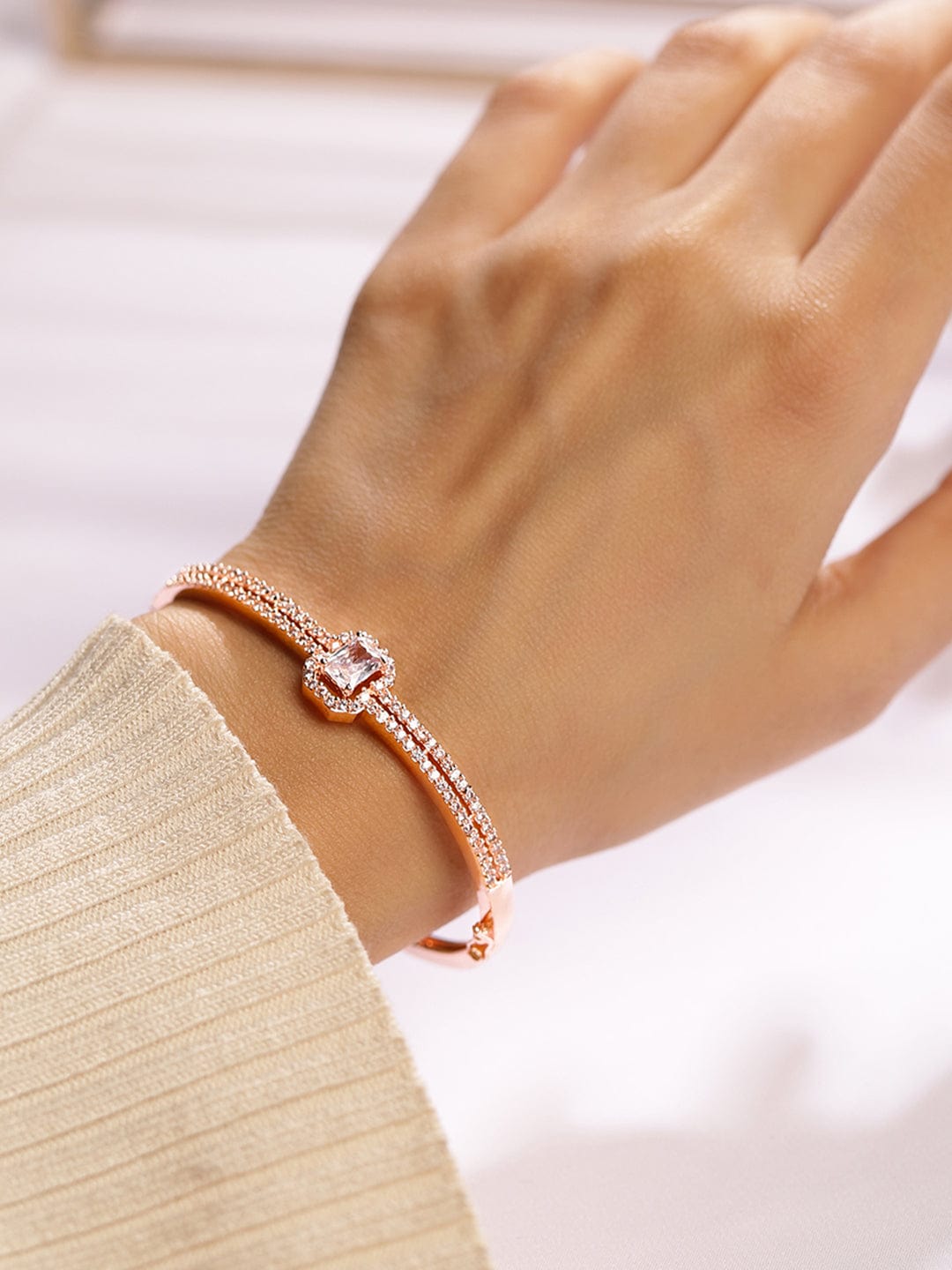 Rubans 18K Rose Gold-Plated Cubic Zirconia Dual Band Openable Bracelet â€“ Statement Jewelry Bangles & Bracelet