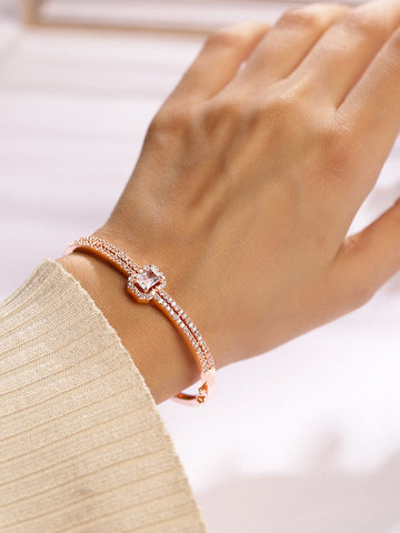 Rubans 18K Rose Gold-Plated Cubic Zirconia Dual Band Openable Bracelet â€“ Statement Jewelry Bangles & Bracelet