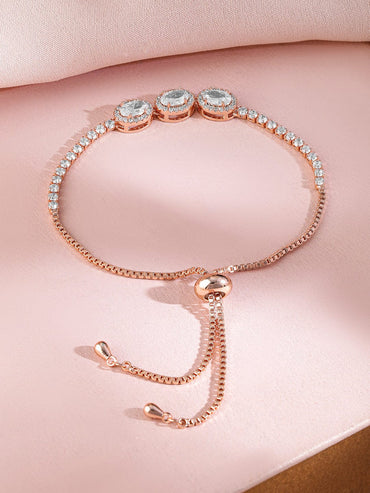 Rubans 18K Rose Gold Plated Cubic Zirconia Studded Adjustable Pull Chain Bracelet Wristwear