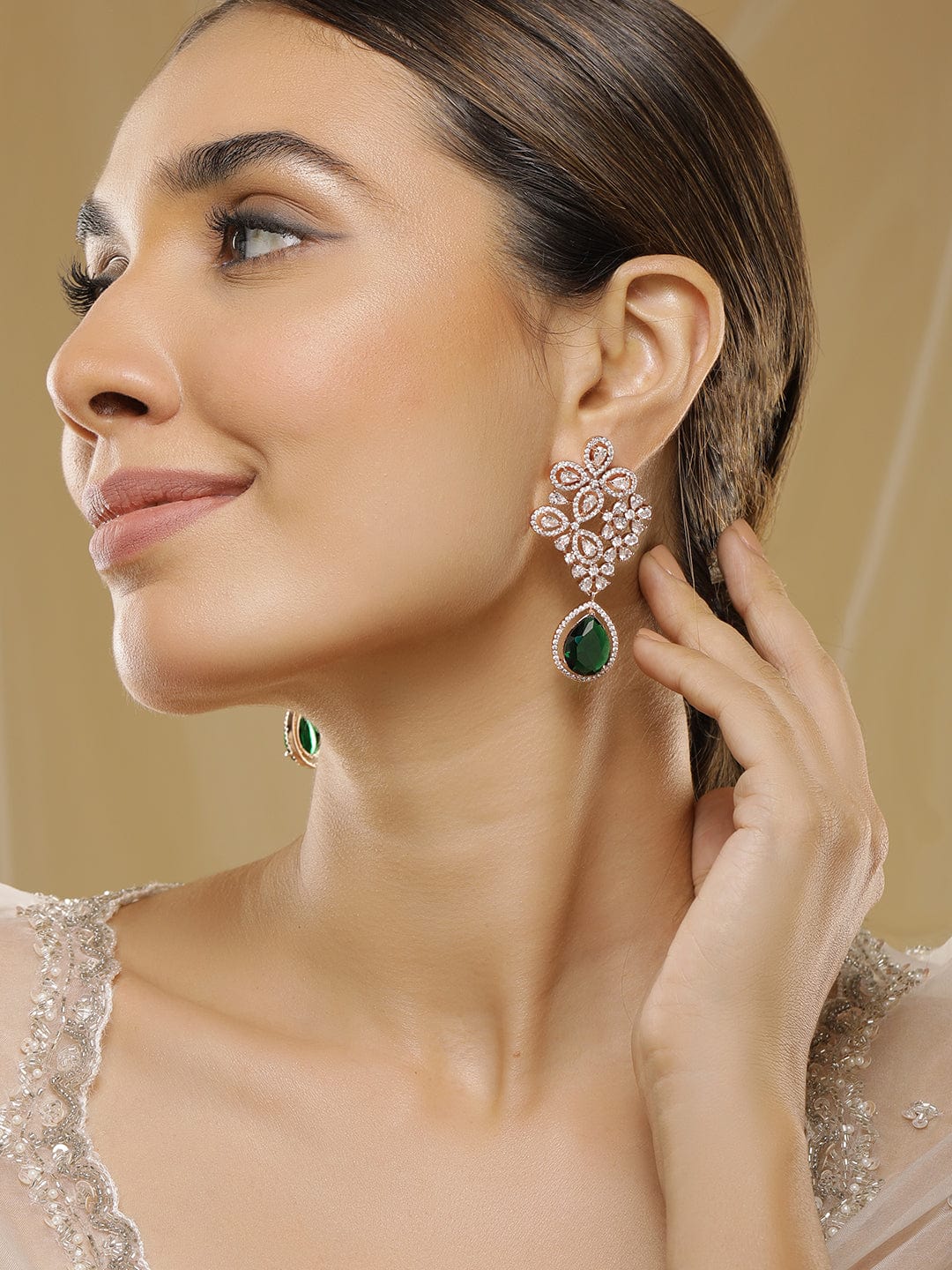 Rubans 18K Rose Gold-Plated Cubic Zirconia Studded & Emerald Green Drop Earrings Drop Earrings