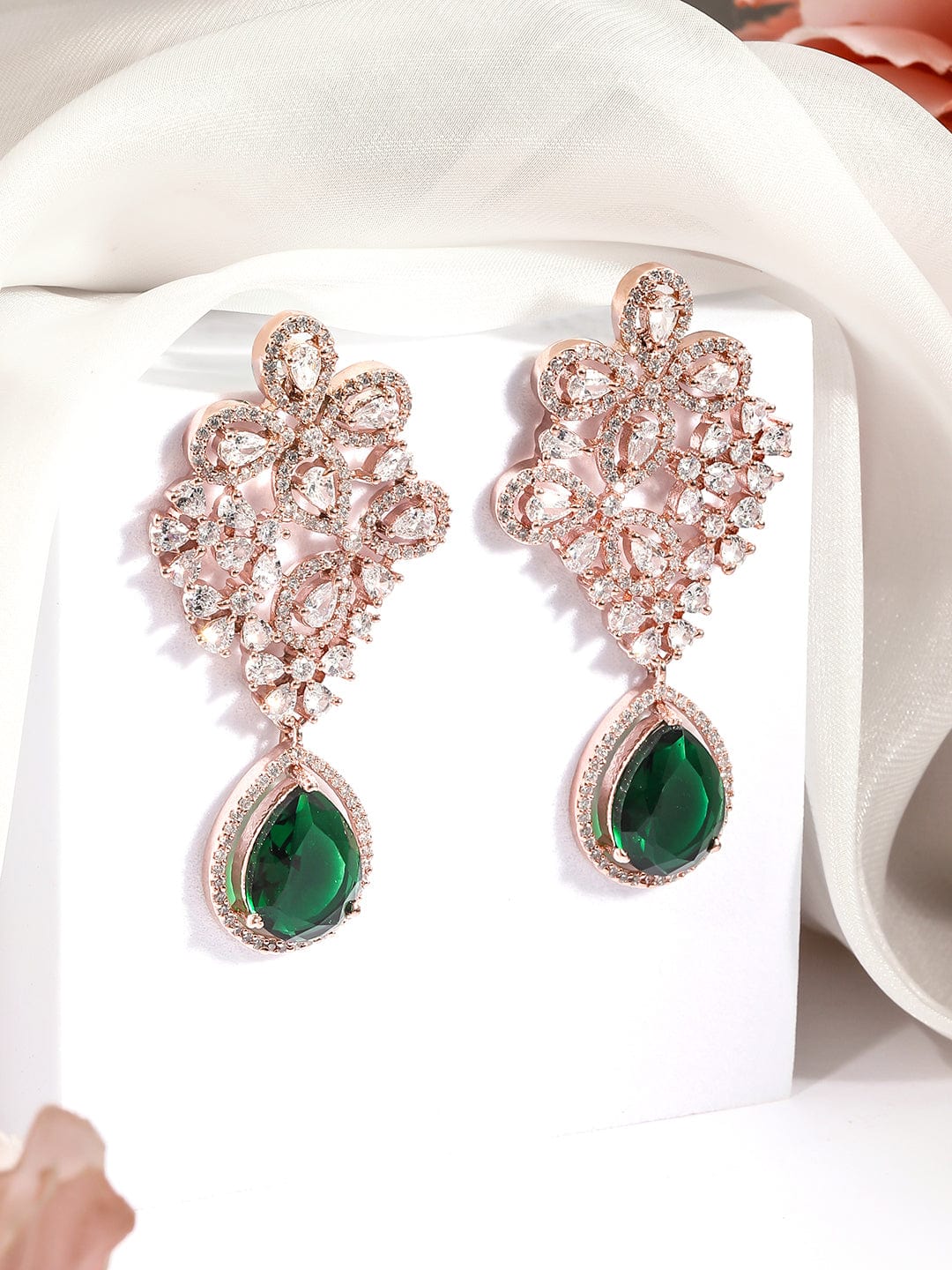 Rubans 18K Rose Gold-Plated Cubic Zirconia Studded & Emerald Green Drop Earrings Drop Earrings