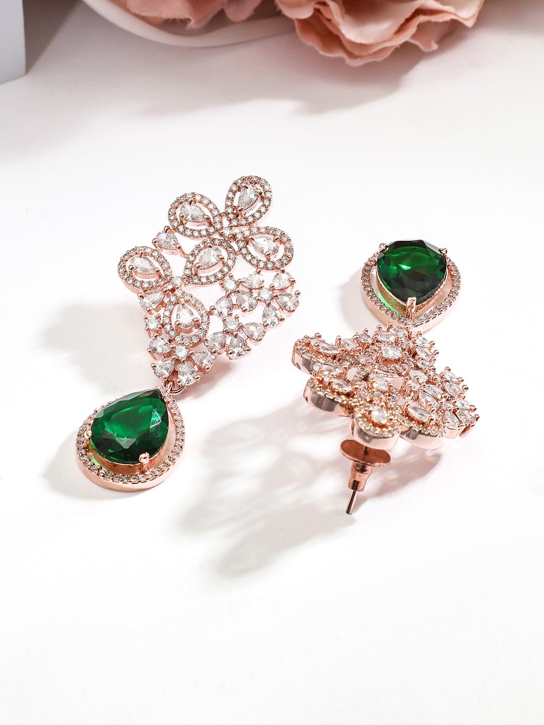 Rubans 18K Rose Gold-Plated Cubic Zirconia Studded & Emerald Green Drop Earrings Drop Earrings