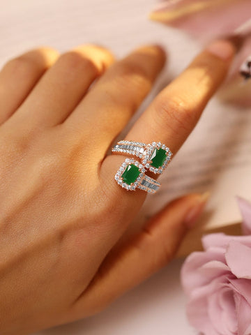 Rubans 18K Rose Gold-Plated Emerald Green & Cubic Zirconia Studded Adjustable Finger Ring Rings