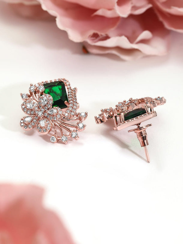 Rubans 18K Rose Gold-Plated Emerald Green & Cubic Zirconia Studded Floral Statement Stud Earrings Earrings