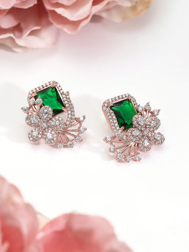 Rubans 18K Rose Gold-Plated Emerald Green & Cubic Zirconia Studded Floral Statement Stud Earrings Earrings