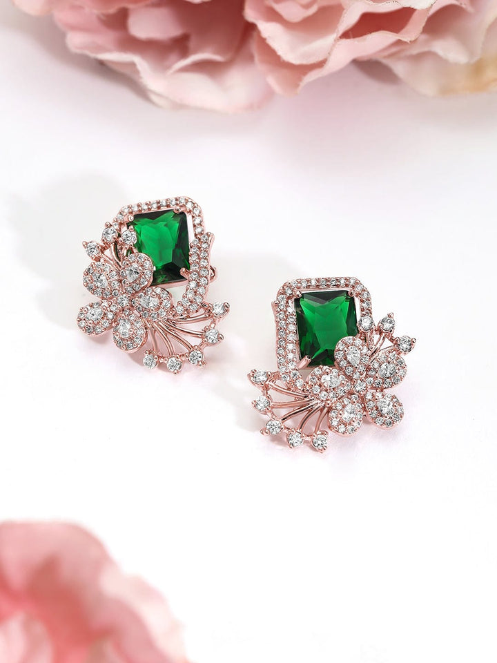 Rubans 18K Rose Gold-Plated Emerald Green & Cubic Zirconia Studded Floral Statement Stud Earrings Stud Earrings