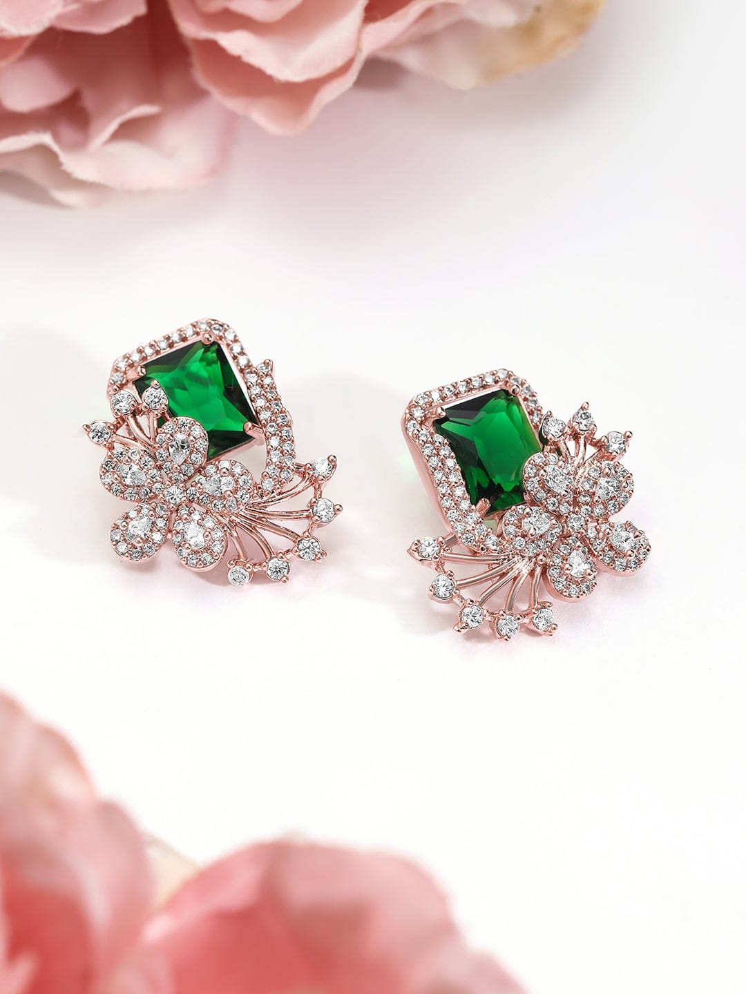 Rubans 18K Rose Gold-Plated Emerald Green & Cubic Zirconia Studded Floral Statement Stud Earrings Stud Earrings