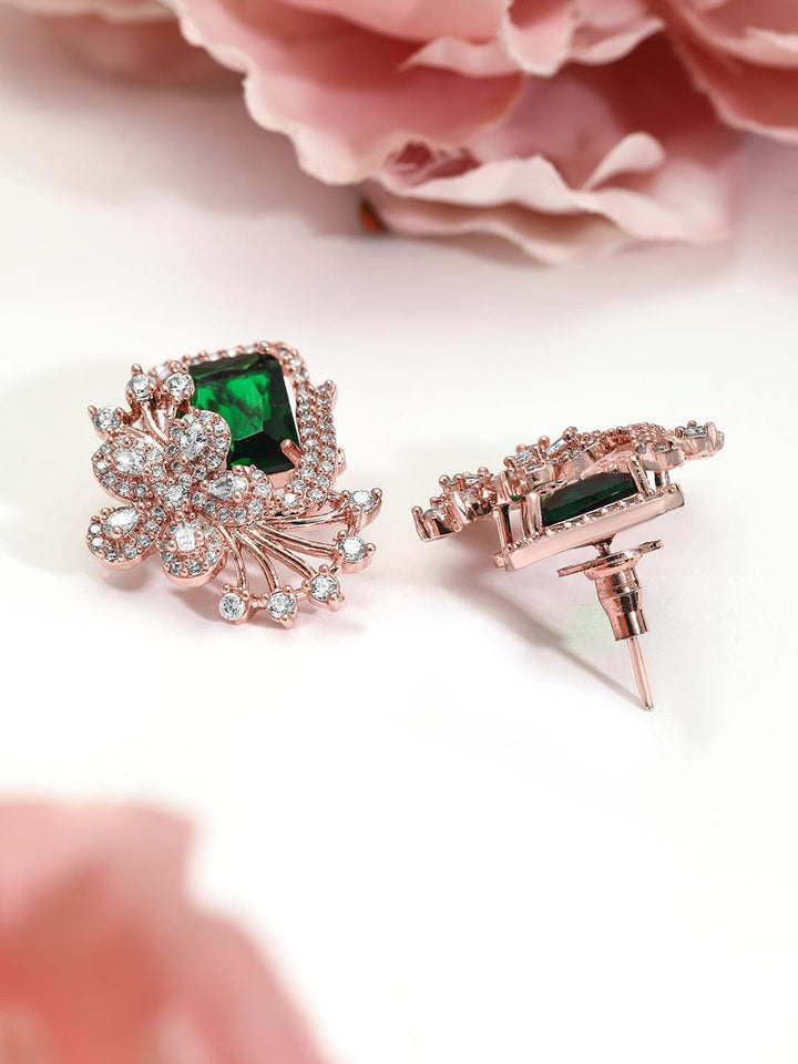 Rubans 18K Rose Gold-Plated Emerald Green & Cubic Zirconia Studded Floral Statement Stud Earrings Stud Earrings