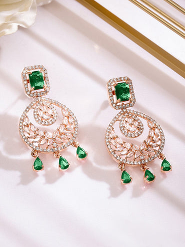 Rubans 18K Rose Gold-Plated Emerald Green & White Cubic Zirconia Stone Chandelier Earrings Chandelier Earrings