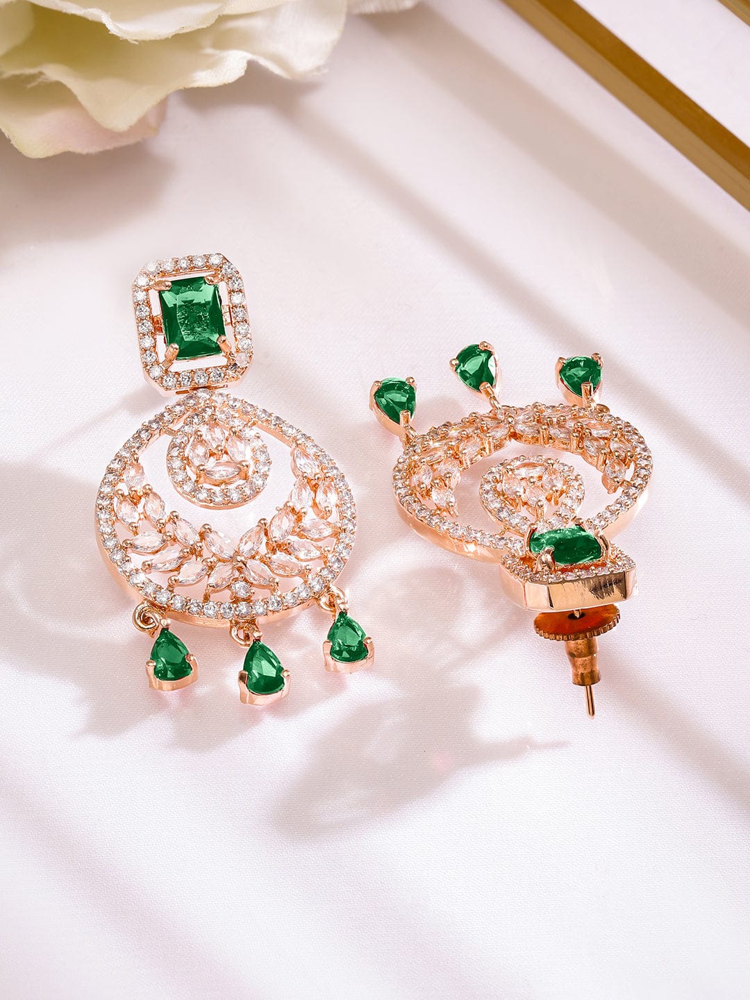 Rubans 18K Rose Gold-Plated Emerald Green & White Cubic Zirconia Stone Chandelier Earrings Earrings