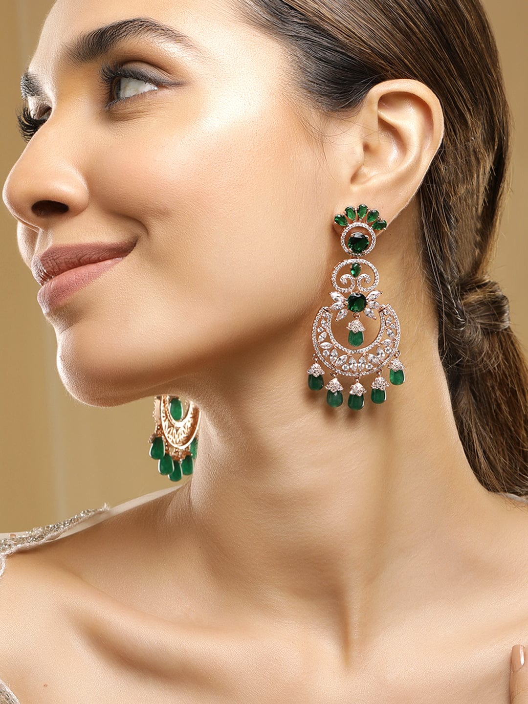 Rubans 18K Rose Gold-Plated Emerald & Zirconia Studded Green Beaded Long Chandbali Earring Chandbali Earring