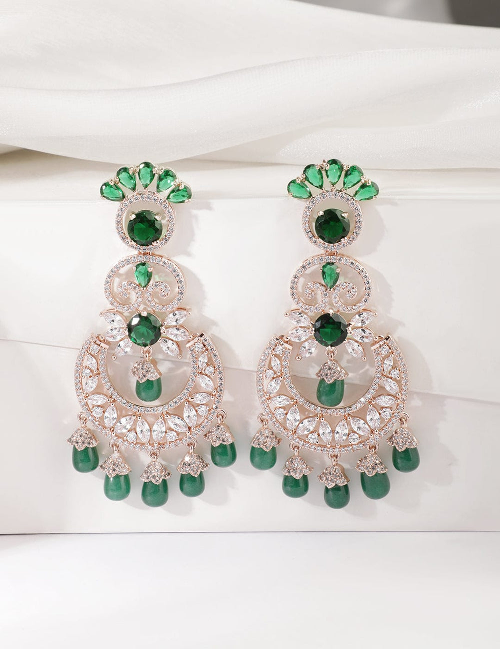 Rubans 18K Rose Gold-Plated Emerald & Zirconia Studded Green Beaded Long Chandbali Earring Chandbali Earring