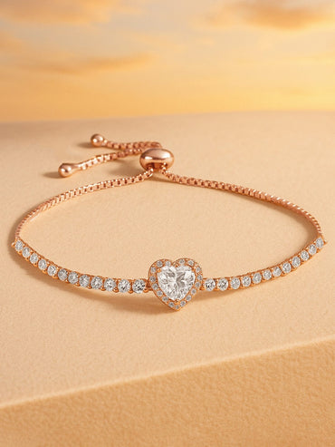 Rubans 18K Rose Gold-Plated Heart-Cut Cubic Zirconia Adjustable Pull Chain Tennis Bracelet Bangles & Bracelet