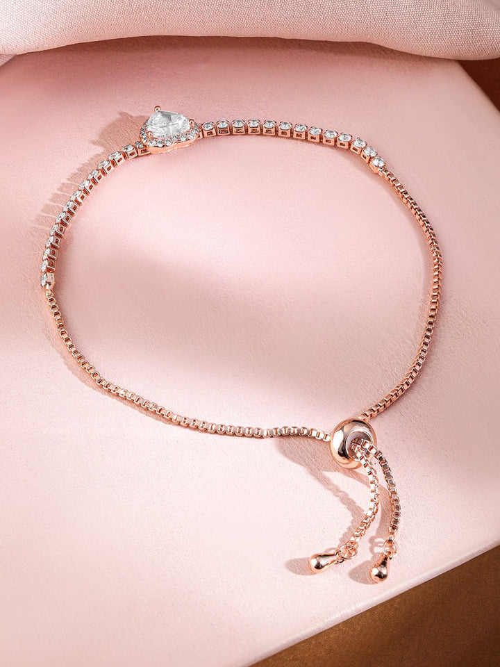 Rubans 18K Rose Gold-Plated Heart-Cut Cubic Zirconia Adjustable Pull Chain Tennis Bracelet Wristwear