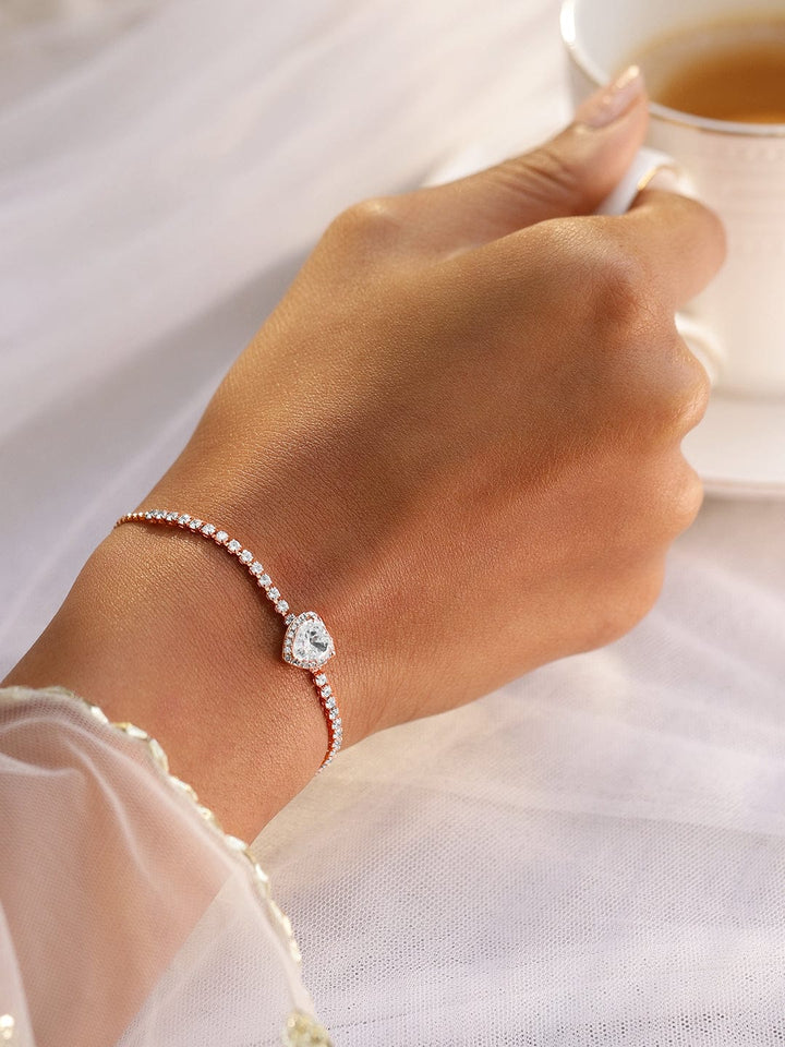 Rubans 18K Rose Gold-Plated Heart-Cut Cubic Zirconia Adjustable Pull Chain Tennis Bracelet Wristwear