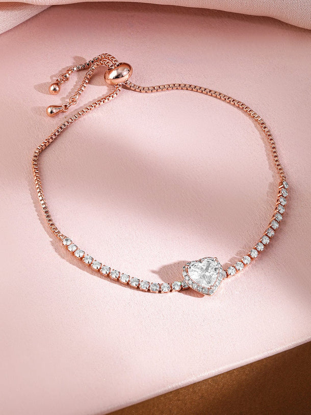 Rubans 18K Rose Gold-Plated Heart-Cut Cubic Zirconia Adjustable Pull Chain Tennis Bracelet Wristwear