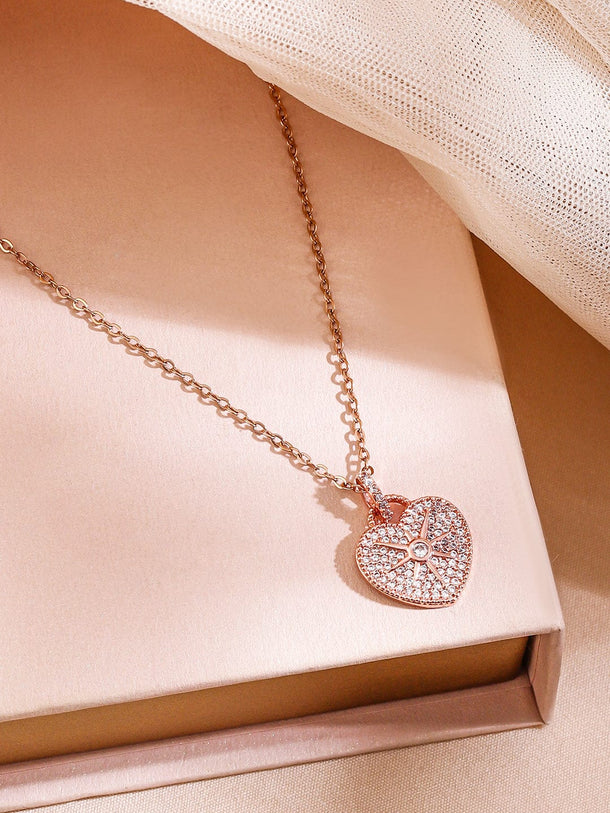 Rubans 18K Rose Gold-Plated Heart-Shaped Cubic Zirconia Studded Pendant Necklace Necklace & Chains