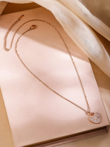 Rubans 18K Rose Gold-Plated Heart-Shaped Cubic Zirconia Studded Pendant Necklace Necklace & Chains