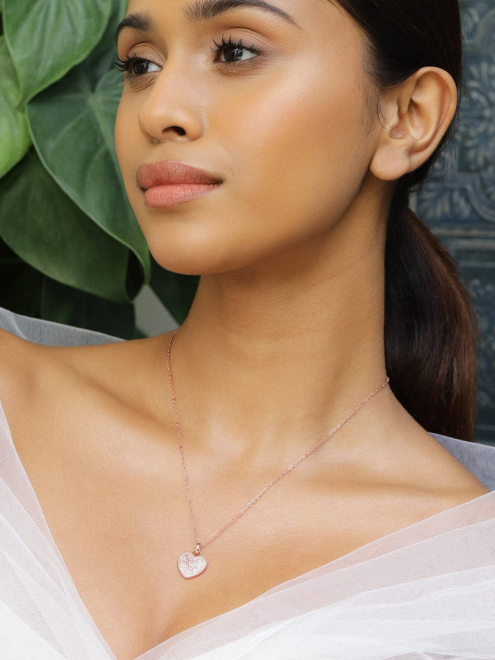 Rubans 18K Rose Gold-Plated Heart-Shaped Cubic Zirconia Studded Pendant Necklace Necklace & Chains