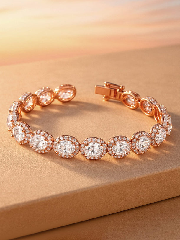 Rubans 18K Rose Gold-Plated Oval-Cut AAA Cubic Zirconia Studded Premium Tennis Bracelet Bangles & Bracelet
