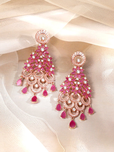 Rubans 18K Rose Gold-Plated Ruby Pink & White Cubic Zirconia Floral Cascading Chandelier Earrings Chandelier Earrings