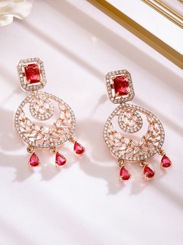 Rubans 18K Rose Gold-Plated Ruby Red & White Cubic Zirconia Studded Chandelier Earrings Chandelier Earrings