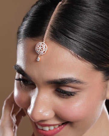Rubans 18K Rose Gold-Plated White & Cubic Zirconia Studded Designer Maang Tikka Head Jewellery