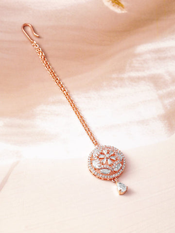 Rubans 18K Rose Gold-Plated White & Cubic Zirconia Studded Designer Maang Tikka Head Jewellery