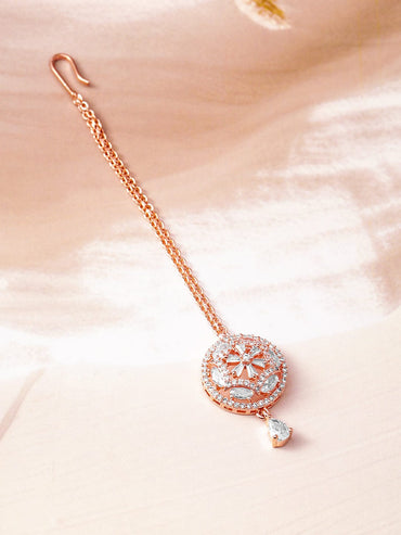 Rubans 18K Rose Gold-Plated White & Cubic Zirconia Studded Designer Maang Tikka Head Jewellery