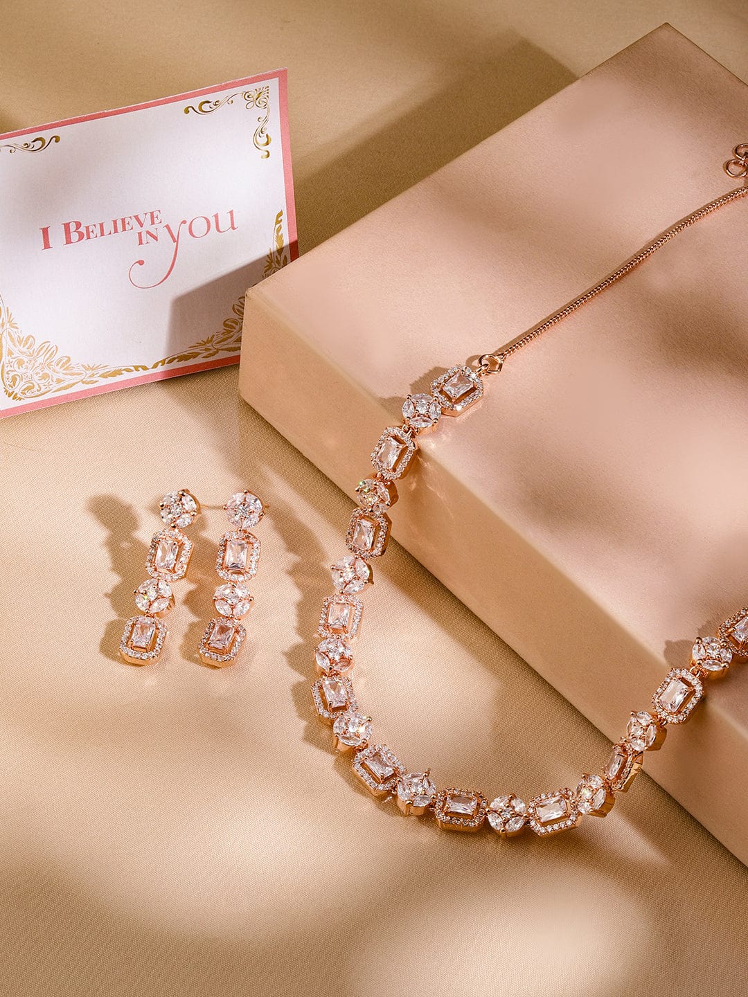 Rubans 18K Rose Gold-Plated White Cubic Zirconia Studded Jewellery Set